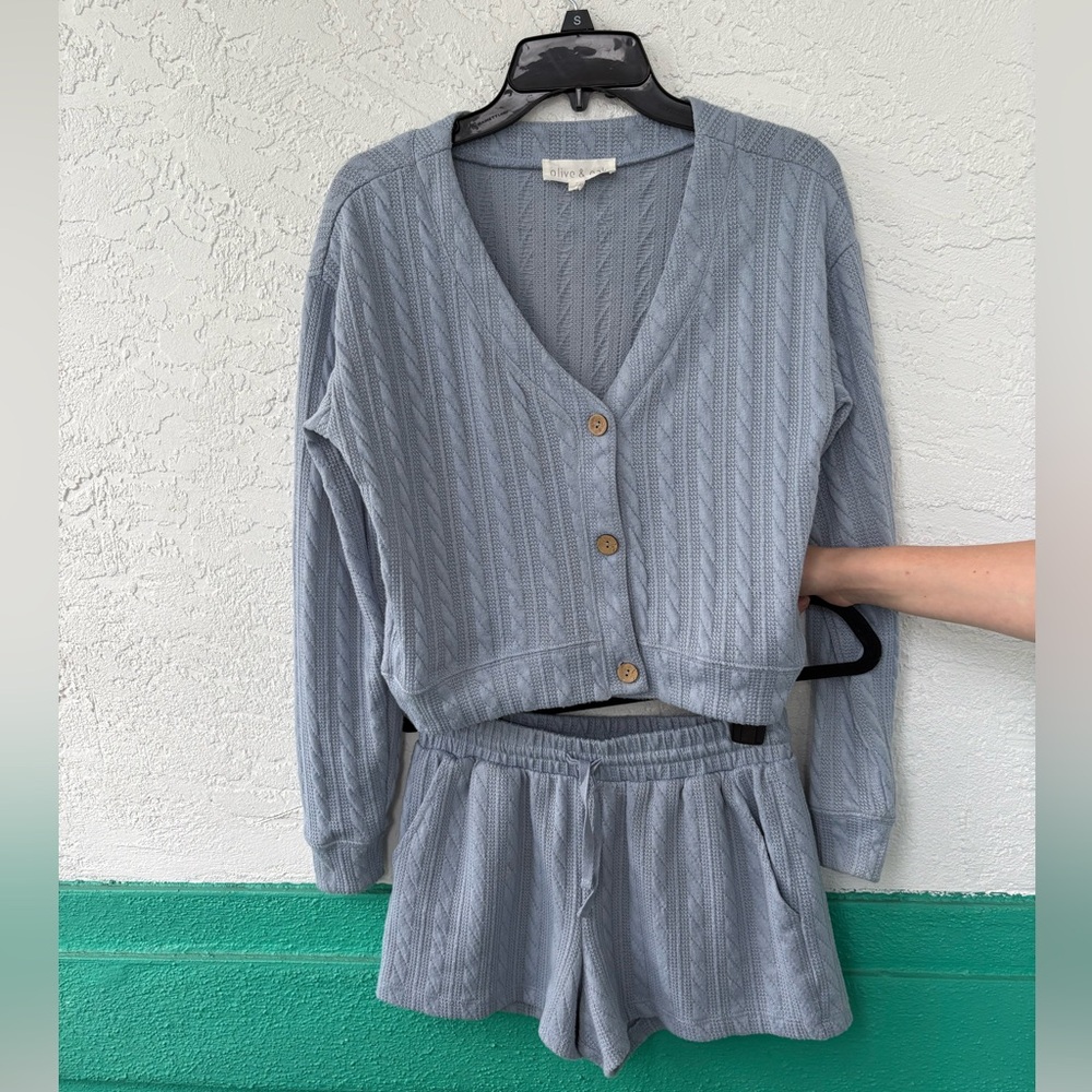 Light Blue Cable Knit V-Neck Sweater Cardigan & Shorts Set